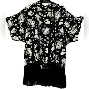 Y2K Abercrombie Fitch Boho Kimono Style Robe Cover Navy Floral Tassels One Size